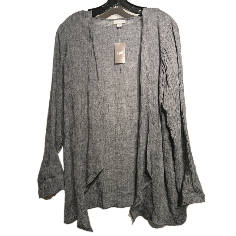 J Jill Jacket Womens Small Bl/Gry 100% Linen Open Front Pure Jill Cardigan NWT
